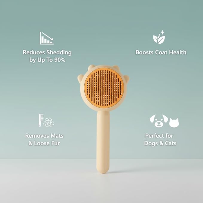 Cute Cat Ear Pet Brush – Self Cleaning Grooming Tool for Cats & Dogs – Light Yellow