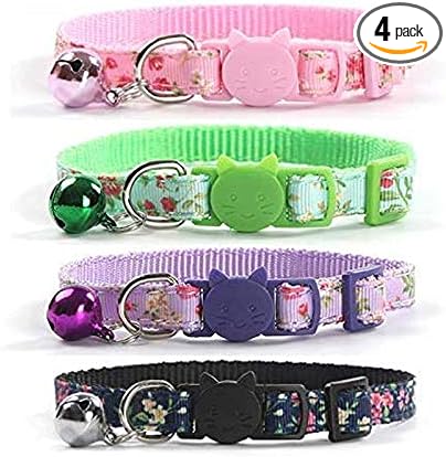 CHUKCHI 4 Pcs Cat Collars Safety Quick Release with Bell-Adjustable Cat Collar with Small Floral Colorful Patterned Soft Strong Nylon Strip for Cat, Pup, Kitty
