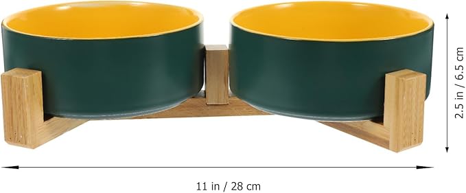 Beavorty Ceramic Elevated Cat Bowl with Dual Color Matte Finish, Green and Yellow Inner Bowls, Small Double Dish Set with Wooden Stand for Household Pet Feeding and Watering