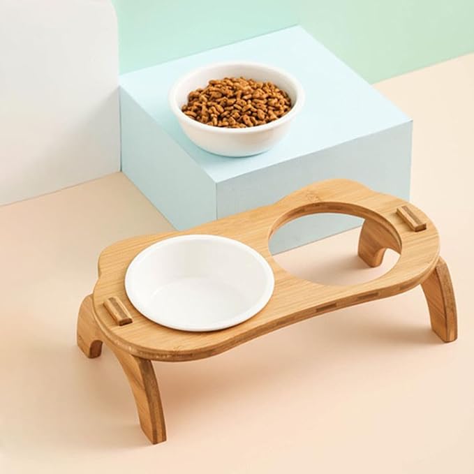 Raised Double Pet Feeding Bowls with High Base, White Ceramic Food and Water Dishes with Wooden Stand, Spine Protection Elevated Cat and Dog Feeder for Comfortable Eating