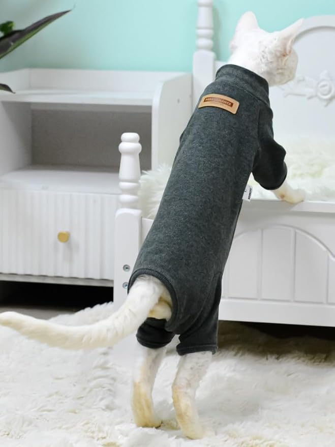 Sphynx Cat Sweater –Hairless Cats Shirt Pullover Kitten T-Shirts with Belly-Wrap Protection, Soft-Stretch Winter Clothes for Hairless Cats, Indoor Kitten Apparel (Dark Grey, Medium)