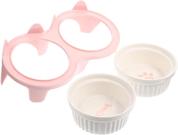 Hemobllo Ceramic Elevated Cat Bowl Set with Thickened Pink Dual Bowls and Sturdy Stand, Anti-Spill Raised Feeding and Watering Dish for Household Cats and Kittens