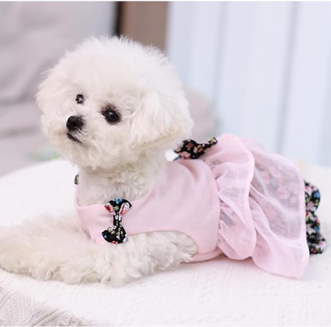 Vintage Floral Bowknot Sleeveless Romper for Small Dogs Cats Rabbits, Breathable Cotton Ruffle Flared Pants, Teacup to Small-Medium Pets for Walk Photo Vacation (Pink-Floral, Large)