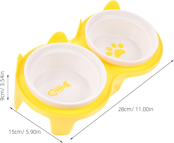ORFOFE Ceramic Cat Food Bowl Set with Raised Yellow Thickened Double Bowls and Sturdy Stand, Reusable Indoor Pet Feeding and Watering Dish for Cats and Kittens