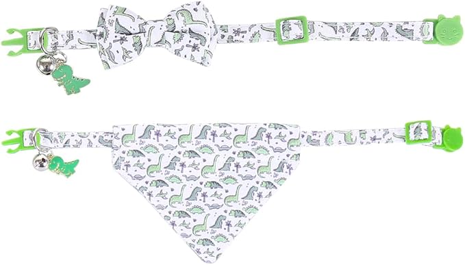 Cat Collar Breakaway with Cute Bow Tie Bandana and Bell Dinosaur Accessories for Kitty Adjustable Safety