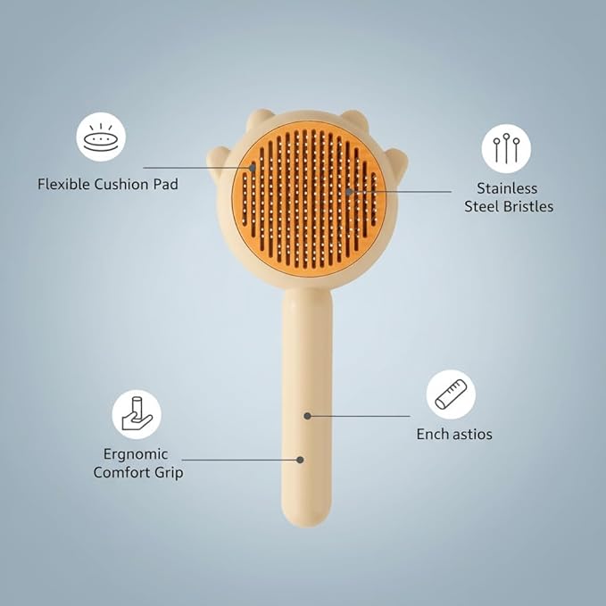 Cute Cat Ear Pet Brush – Self Cleaning Grooming Tool for Cats & Dogs – Light Yellow