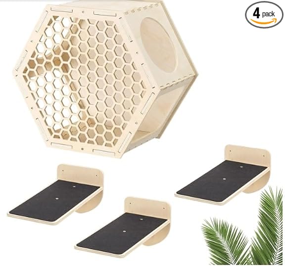 Navaris Cat Shelves for Wall (4 Pieces) - Set with Hexagon Shelf and 3 Steps - Wall Mounted Climbing Perch for Cats - Wall Mount Furniture for Walls