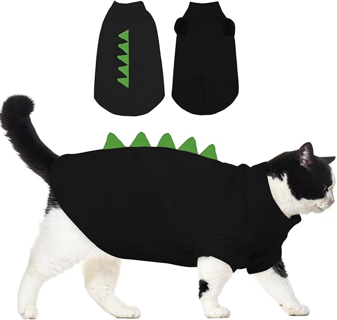DENTRUN Sphynx Cat Clothes, Cute Dinosaur Design Hairless Cat Costume, Breathable Cotton Shirts Cat Clothes for Cats Only, Round Collar Kitten Daily T-Shirts with Sleeves, Cats Funny Cosplay Apparel