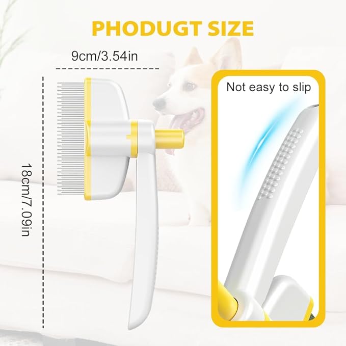 Pet Hair Removal Comb Flea Comb, Multifunctional Cat Brush with Release Button, Grooming Brush Supplies for Detangling Thinning and Shedding, All Hair Types (Yellow)