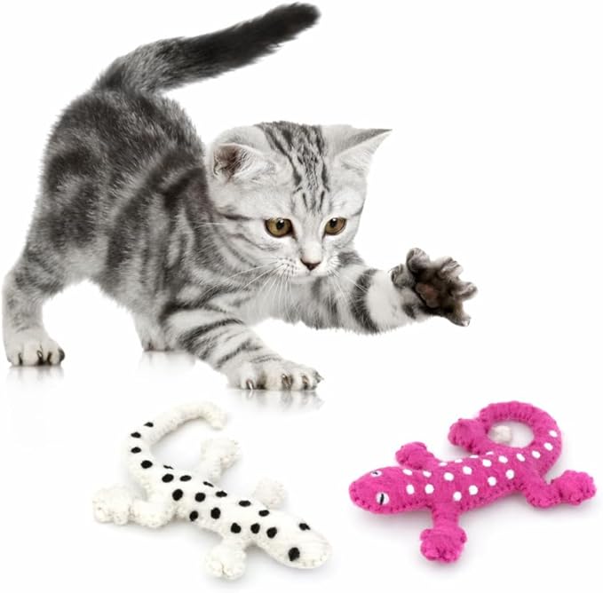 Glaciart One Felt Lizard Cat Toy – 2 Pcs | Soft Fuzzy Enrichment 100% Natural Wool - Interactive Catnip Play Cat Toy Set - Safe for Pets, Non-AZO Colored Dyes