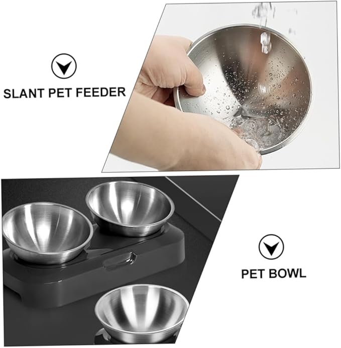 Adjustable Stainless Steel Slant Double Pet Bowl Set, Raised Cat Feeding and Watering Bowls for Kittens and Cats