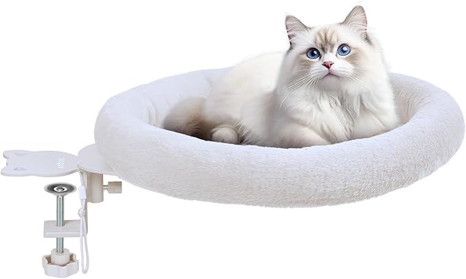 Cat Desk Bed,Steel Cat Bed for Desk,Easy to Assemble,Machine Washable and Detachable Easy to Clean,180° Rotating Cats Hammock Desks for Office Game Tables,Supports to 40lbs(White)