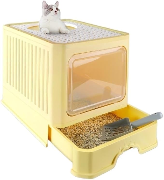 Pet Supplies, Foldable Enclosed Cat Litter Box with Lid,Top Entry, Anti-Splash & Easy Clean(Yellow)