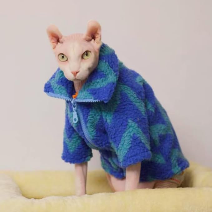 Turtleneck Sphynx Cat Winter Clothes, Double-Sided Fleece Jacket with Zipper, Sweater for Sphynx Cat Winter Warm Outfit Coat for Hairless Cats and Small Dogs Apparel with Sleeves (Lightning, Small)