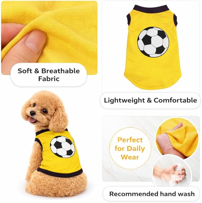Petitebella Soccer Dog Shirt - Sporty Puppy T-Shirt with Soccer Ball, Breathable Soft Cotton Pet Clothes for Small Dogs Cats, Lightweight Summer Vest Apparel for Game Day Training (Yellow, Large)