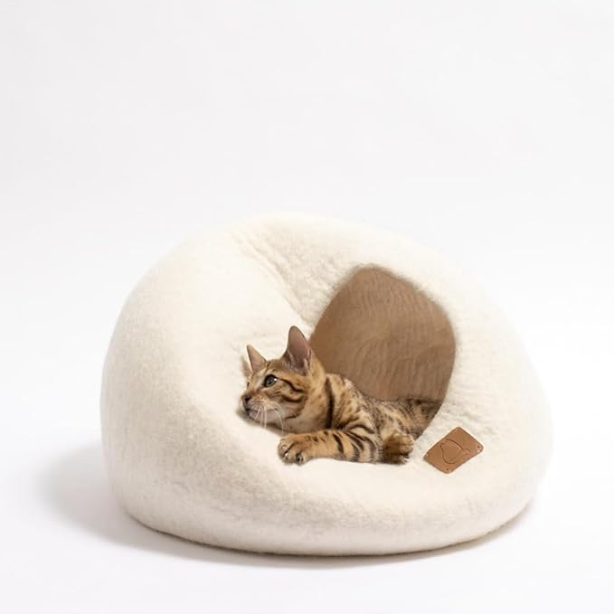 Best Aesthetic Cat Bed - Premium Felted Wool Cat Cave Bed - Cozy Peekaboo Round Cave for Large or Small Cats (Small, Snow White)