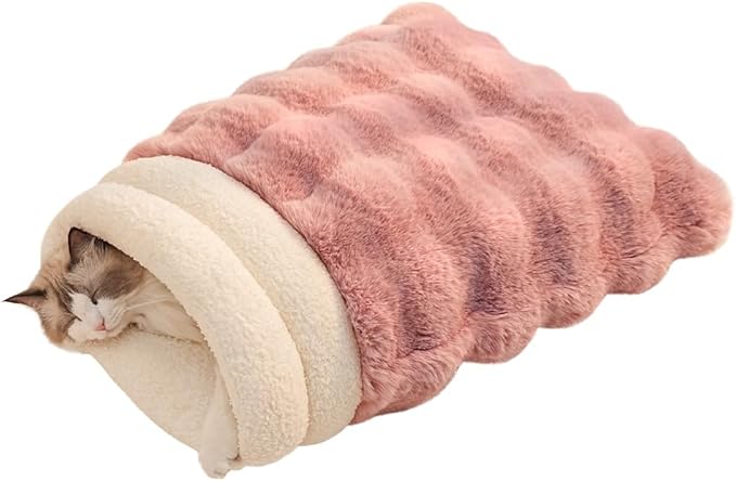 SOMAHE Cat Sleeping Bag for Indoor Cats, Faux Fur Pet Cave Bed & Burrow Nest, Reversible Plush Snuggle Sack, Portable Foldable Mat, Machine Washable, Anti-Static, 21.7"x17.7" Pink