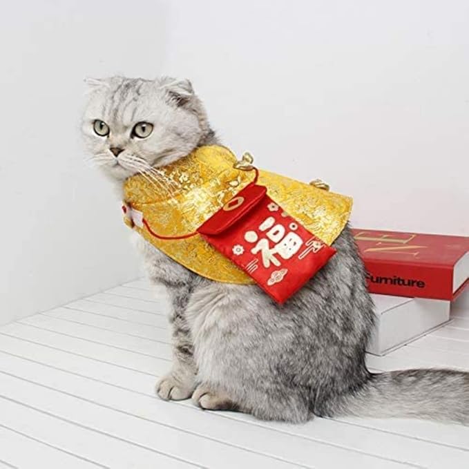 Cat Clothes,New Year's Cloak Dog Clothes Red Pet Cheongsam Cloak Clothes for Cats Small Dogs Puppy(Gold,XS)
