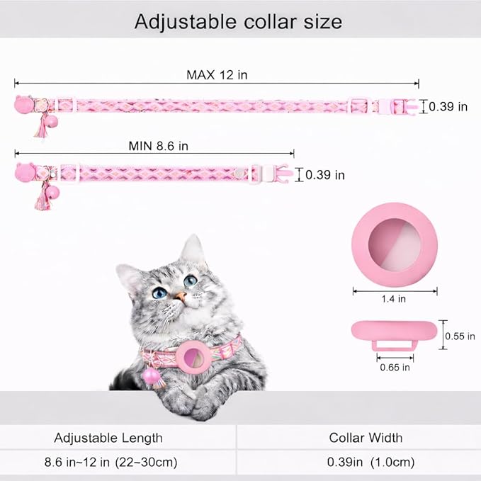 Cat Collar with AirTag Holder – Breakaway Lightweight Woven Cat Collar, Adjustable with Bell for Cats & Kittens (Midnight Rose Set) | Amazegoods