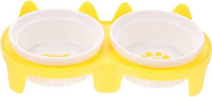 ORFOFE Ceramic Cat Food Bowl Set with Raised Yellow Thickened Double Bowls and Sturdy Stand, Reusable Indoor Pet Feeding and Watering Dish for Cats and Kittens