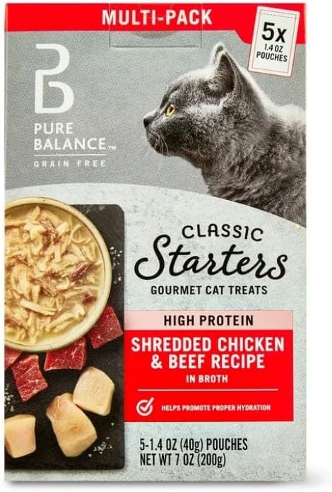 Pure~Balance Classic Starters Gourmet Cat Treats, Shredded Chicken & Beef in Broth, High Protein, Soft Treats ~ 5 Pouches of 1.4 Oz Inside, Wet Cat Treat Adult Cats ~ (4 Box) ~ (1 Pack)