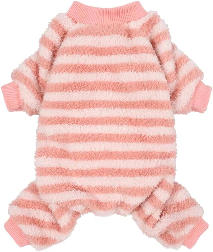 Fitwarm Fuzzy Fleece Stirped Dog Pajamas, Warm Dog Winter Clothes for Small Dogs Girl, Cozy Dog Onesie, Pet Jumpsuit, Doggy Apparel, Pink, White, Medium