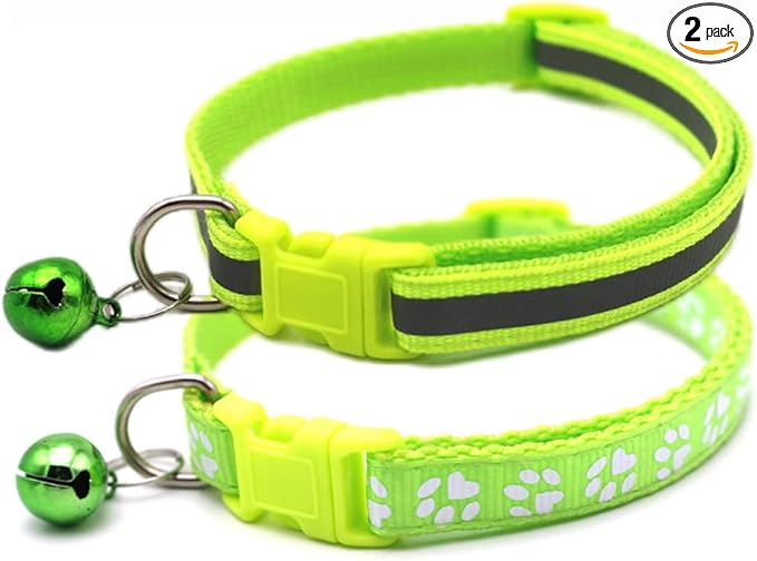 Neon Green Small Dog Collar Bell, 2-Pack Basic & Reflective Boy Puppy Collar with Bells for XXS Xs Small Pet Male Dogs Tiny Cats, S