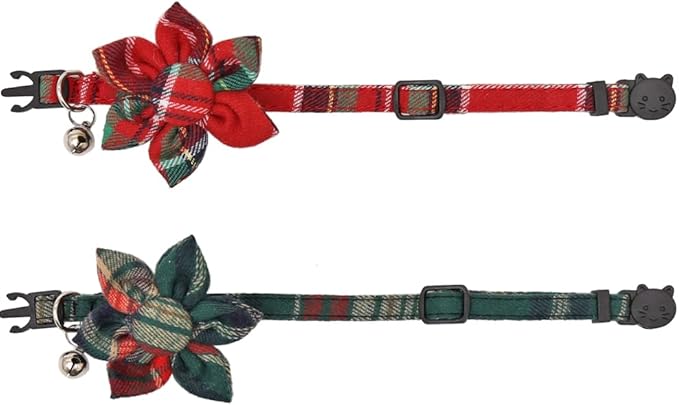 Christmas Cat Collar Breakaway with Cute Removable Flower Floral and Bell for Kitty Adjustable Safety Plaid