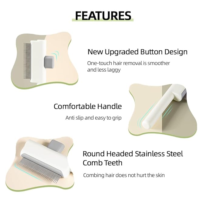 Marchul 2 Pack Self-Cleaning Pet Grooming Comb Set, Cat & Dog Flea Brush with One-Click Release Button, Stainless Steel Round Teeth Comb for Removing Tangles, Loose Fur and Shed Hair, White