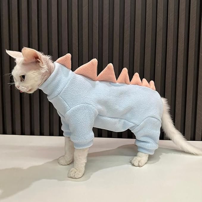 Sphynx cat Clothes, Dinosaur Costume, Hairless Cats Warm Clothes for Cornish Rex and Devon Rex (Blue, L(5.5-8lbs))