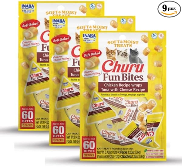 INABA Churu Fun Bites for Cats, Soft & Chewy Baked Chicken Wrapped Filled Cat Treats with Taurine, 0.42 Ounces Each Tetra, 9 Tetras (3 per Bag), Tuna with Cheese Recipe