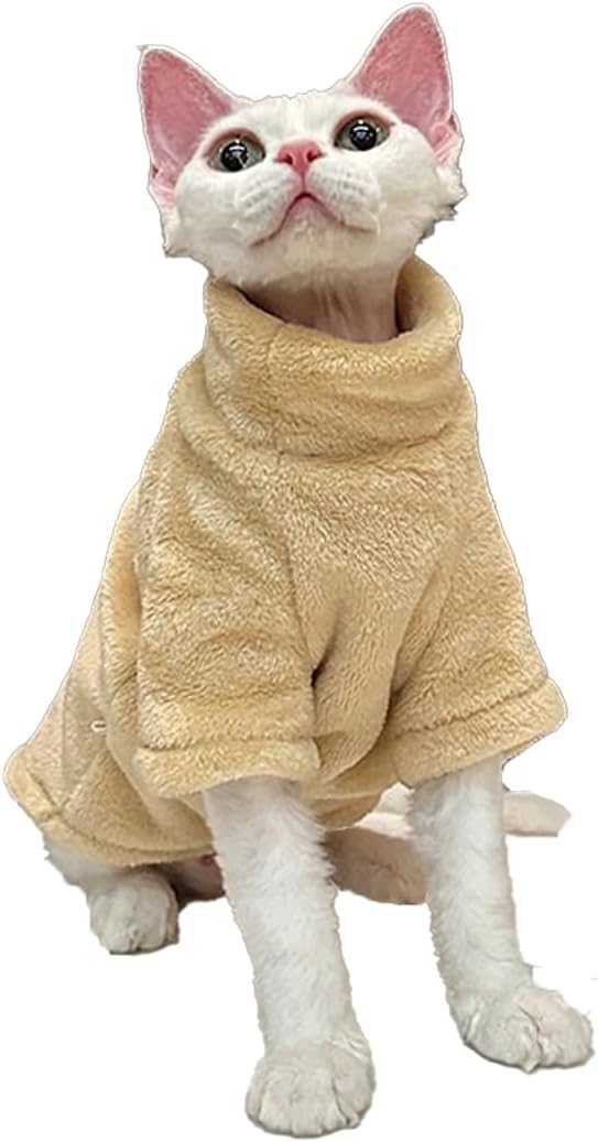 Sphynx Cat Clothes Winter Turtleneck Soft Coral Fleece Cat Clothes Thicken Warm Pajamas Coat for Hairless Cats and Small Cat Apparel with Sleeves (Apricot Yellow, XL (9.3-12.7lbs)