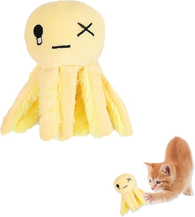 Andiker Octopus-Shaped Plush Toys with Crinkle Paper - Interactive Cat Toys for Indoor Scratching and Chewing - Kitten Gifts and Cat Lovers (Yellow)