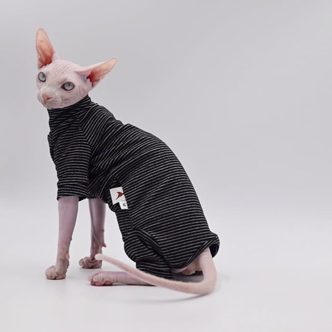 Hairless Cat Clothes, Warm and Soft, Autumn and Winter, Four-Legged Hoodie for Sphynx Cats,Devon Rex Cats, Cornish Cats (Black, X-Small)