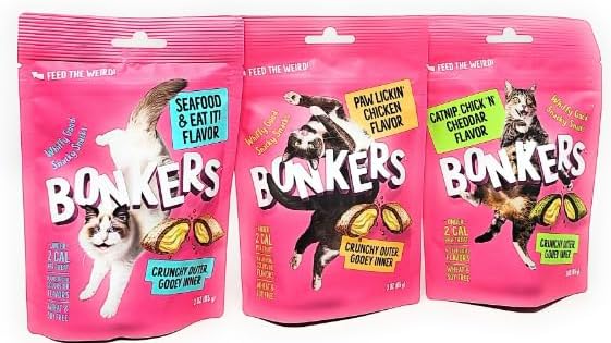 Bonkers Crunchy Cat Treats, 3oz (Variety Pack of 3 - Chicken, Seafood, Catnip) and Resealable Bags