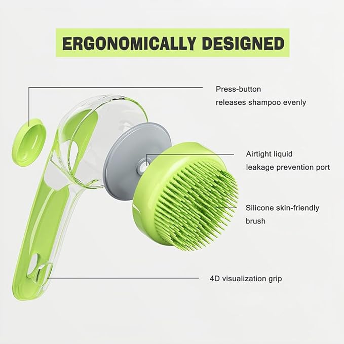 Pet Bath Brush with Shampoo Dispenser - Silicone Massage Grooming Tool for Cats & Dogs, Long Handle Dog Cat Bath Brush for Wet/Dry Use Green (ABS + Food-Grade Silicone, 7.5")