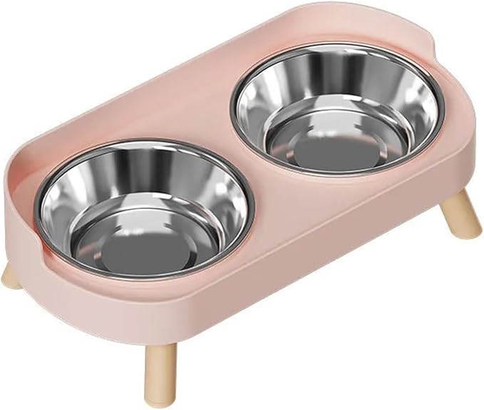 Raised Cat Feeder 2 Bowls in 1 Feeding & Watering Supplies 15° Raised Puppy 2 Stainless Steel Bowls Wood Stand Cats Accessories(Pink)