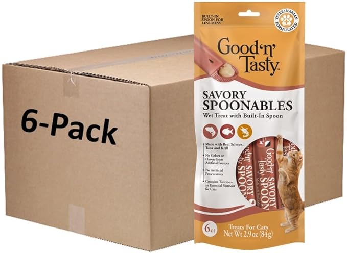 Good ‘n’ Tasty Savory Spoonables with Real Salmon, Tuna & Krill, 6 Count Tube, Triple Flavor Squeezable Lickable Wet Treats for Cats with Built-in Spoon for Less Mess, 6 Pack