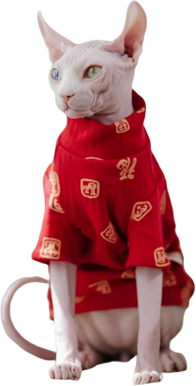 Traditional Culture Sphynx Hairless Cat Cotton T-Shirts Cat Clothes Pet Sweater Cat Vest Pet Clothes Kitten Shirts Cats & Small Dogs Apparel (Fu Means Lucky and Happy, XXL (13-15 lbs))