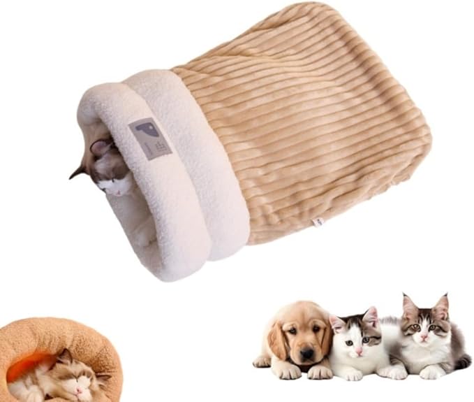 Winter Warming Cat Sleeping Bag，Soft Plush Sleeping Bag for Indoor Cats，Cozy Pet Nest for Cats and Dogs, Portable Calming Pet Nests，Cat Cave Bed Self Warming Bed, Pet Hideway (A-Brown,Medium)