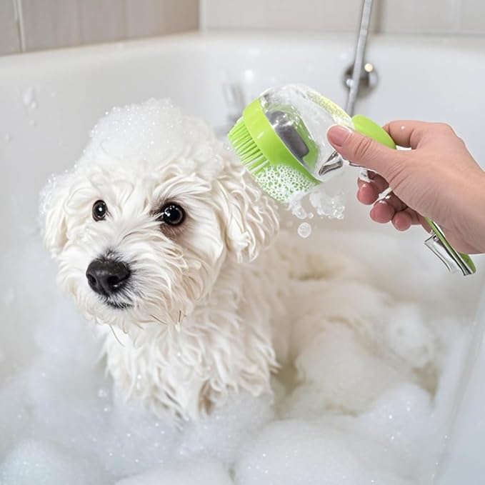 Pet Bath Brush with Shampoo Dispenser - Silicone Massage Grooming Tool for Cats & Dogs, Long Handle Dog Cat Bath Brush for Wet/Dry Use Green (ABS + Food-Grade Silicone, 7.5")