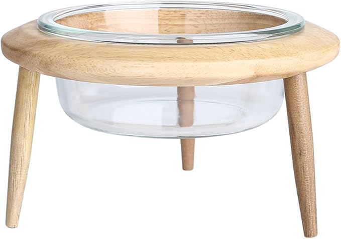 Alasum Glass Pet Feeding Bowl with Elevated Wooden Rack, 14.7cm 480ml Raised Pet Feeder for Cats and Small Dogs, Sturdy Glass Dish for Slow Feeding and Watering