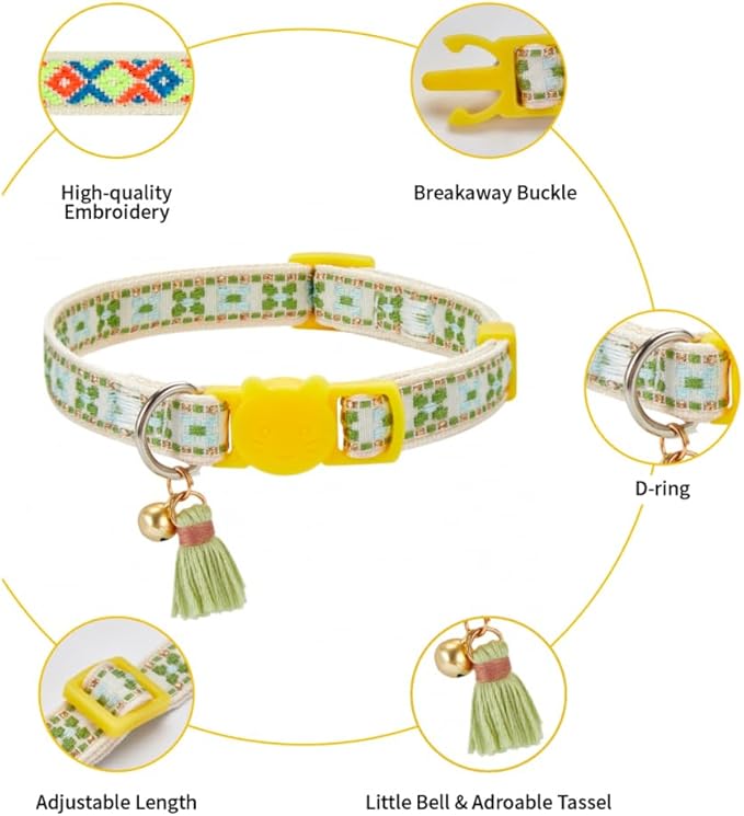 2 Pack Cat Collar Breakaway Cute Colorful Pattern for Cat Boy Girl Adjustable Length Collar with Little Bell Tassel Tribal Bohemian Pattern (2 Pack⎮Green+Blue)