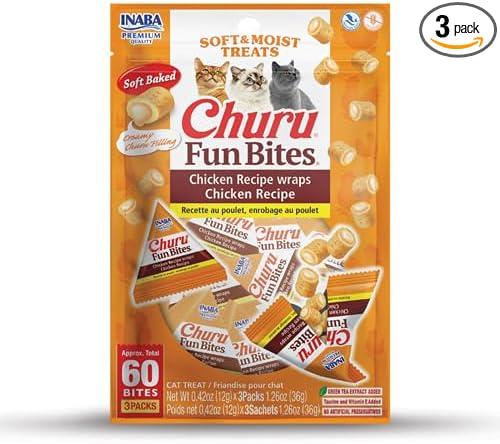 INABA Churu Fun Bites for Cats, Soft & Chewy Baked Chicken Wrapped Filled Cat Treats with Taurine, 0.42 Ounces Each Tetra, 3 Tetras, Chicken Recipe