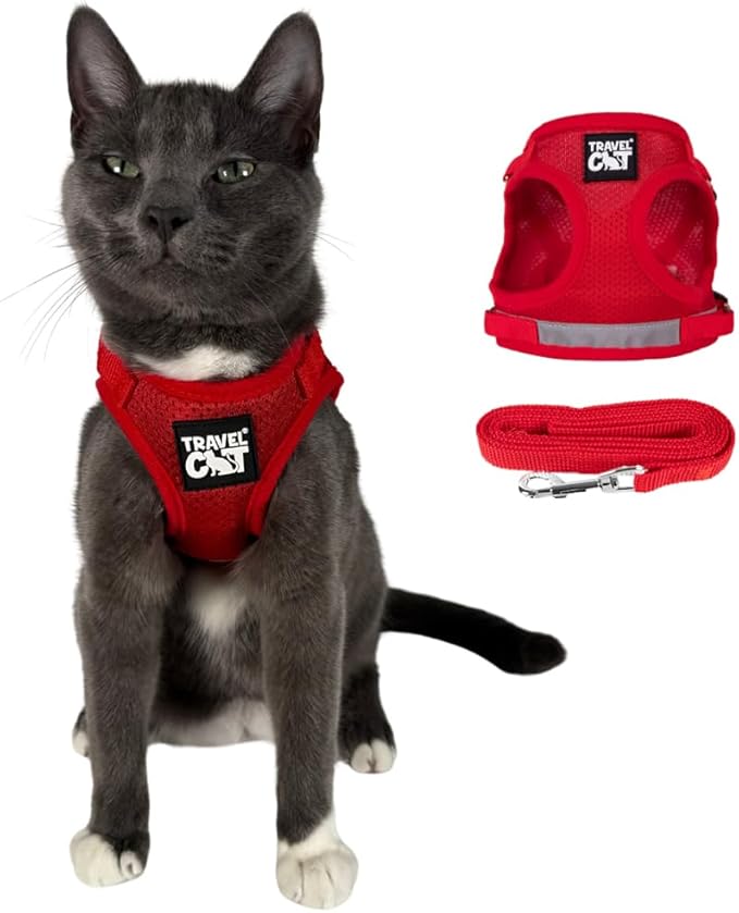 Travel Cat Harness and Leash Set - Adjustable Fit Mesh Cat Harness and Reflective Strap - Comfort Walking Vest for Kitten for Outdoor Walking, Hiking (Small, Red)