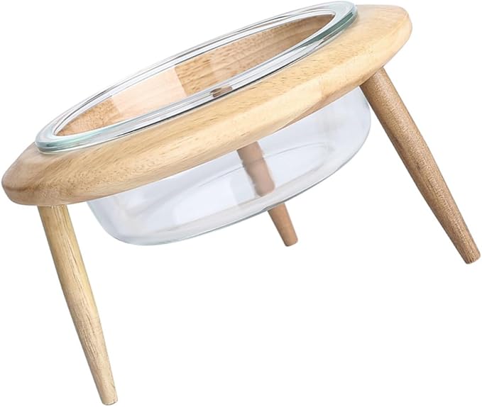 Alasum Glass Pet Feeding Bowl with Elevated Wooden Rack, 14.7cm 480ml Raised Pet Feeder for Cats and Small Dogs, Sturdy Glass Dish for Slow Feeding and Watering