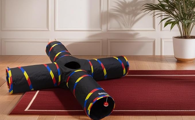 Cat Tunnels - 4 Way Cat Tunnel for Indoor Cats Play & Exploration (with Mouse Toy) - Collapsible Pop Up Tubes for Ferrets, Rabbits, and Small Dogs Fun