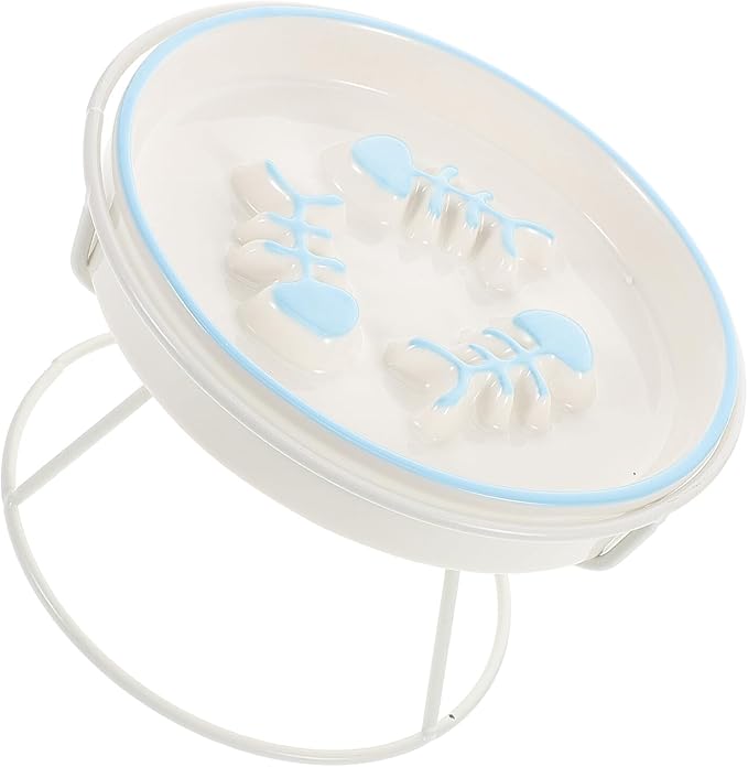 BESTYASH Elevated Ceramic Slow Feeder Cat Bowl and Dog Food Bowl with High Stand, Anti-Choke Design for Small Pets, Blue Slow Feed and White Triple Line Raised Feeding Station for Indoor