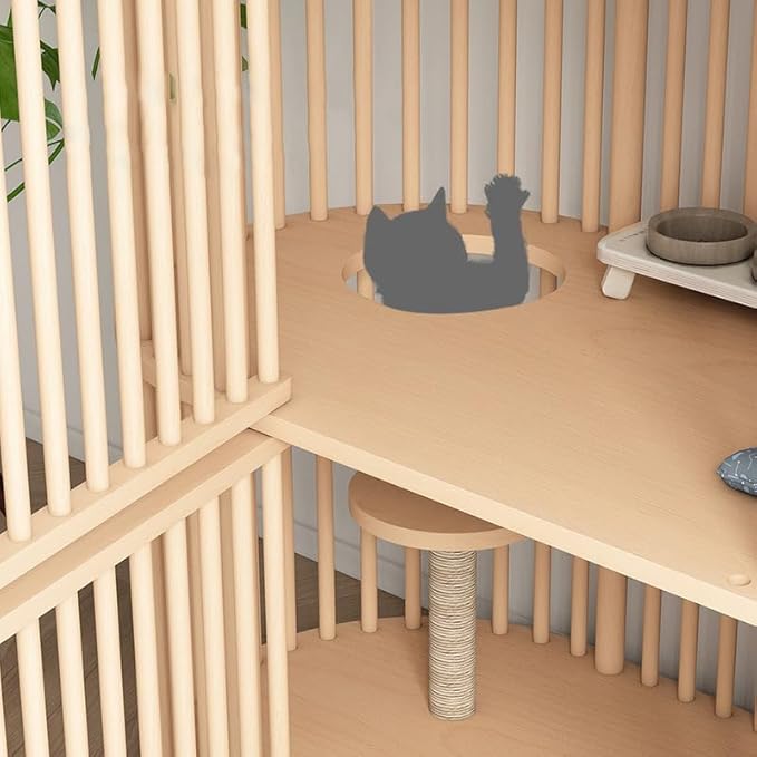 Wooden Cat House, 2 Tier Large Indoor Cat Bed with Scratching Posts, Modern Cat Cage with 6 Wheels, Multi-Level Cozy Pet Furniture for Homes, Pet Stores, Catteries,Balconies