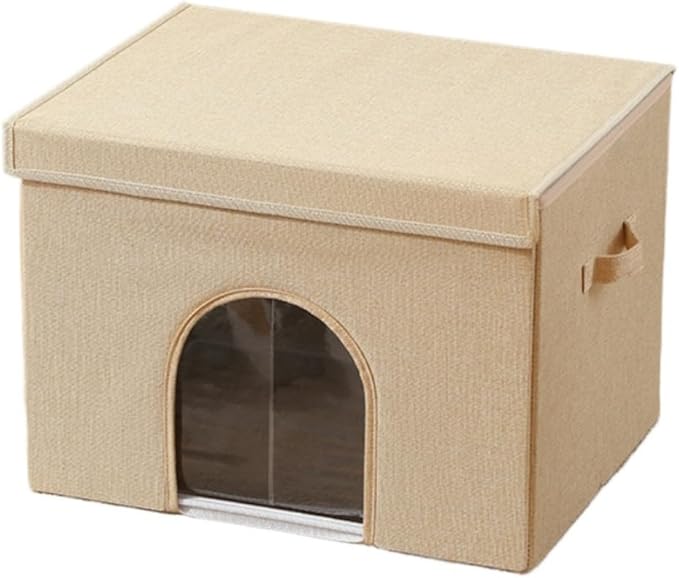 Large Collapsible Coconut Brown Pet House for Indoor Cats and Medium/Small Dogs with Plush Ball Toy – Foldable Living Room Ottoman Cat Condo(Khaki)